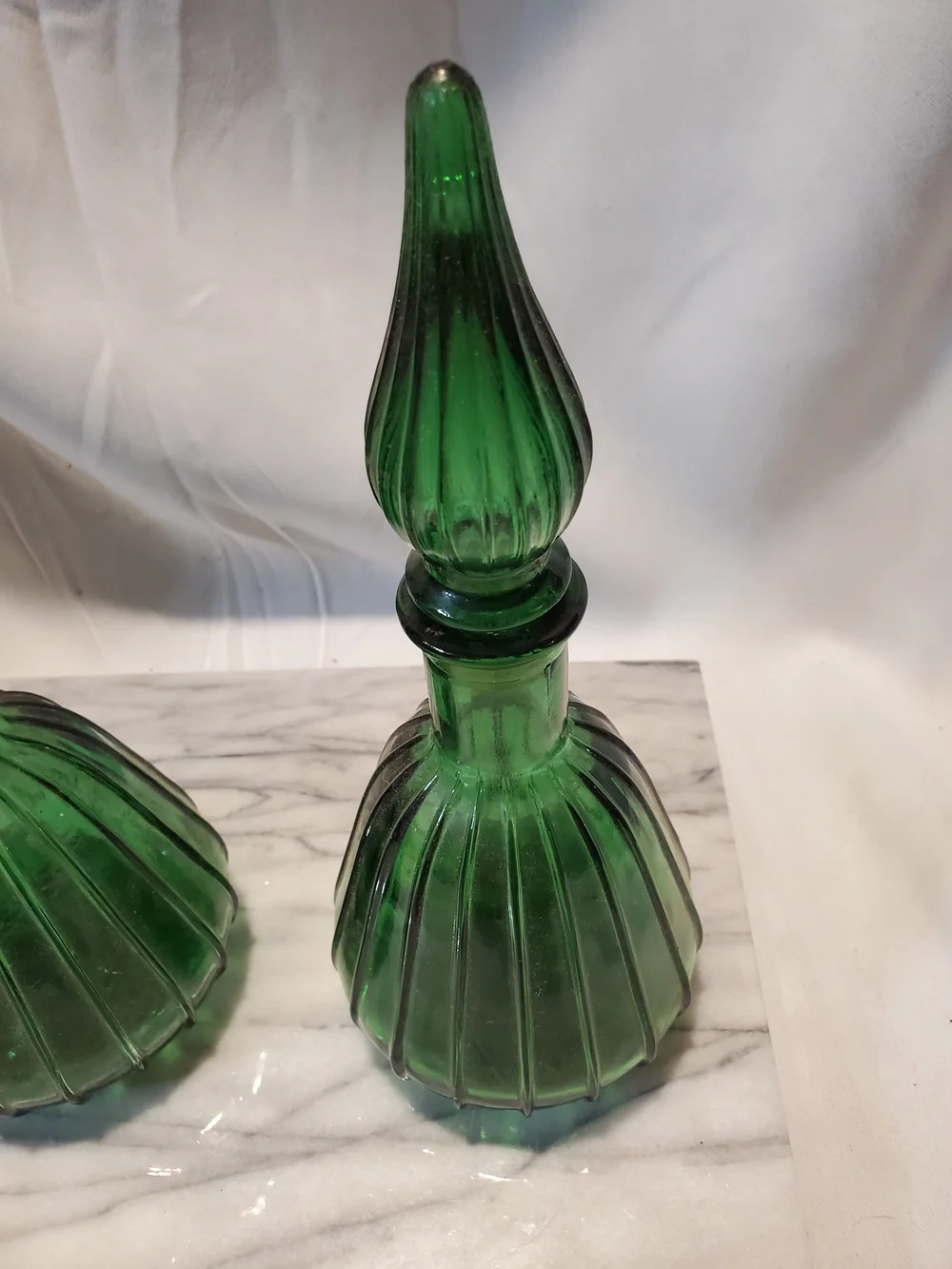 Vintage MCM Empoli Green Glass Genie Bottles Pair - 1960s Italian Art Glass...